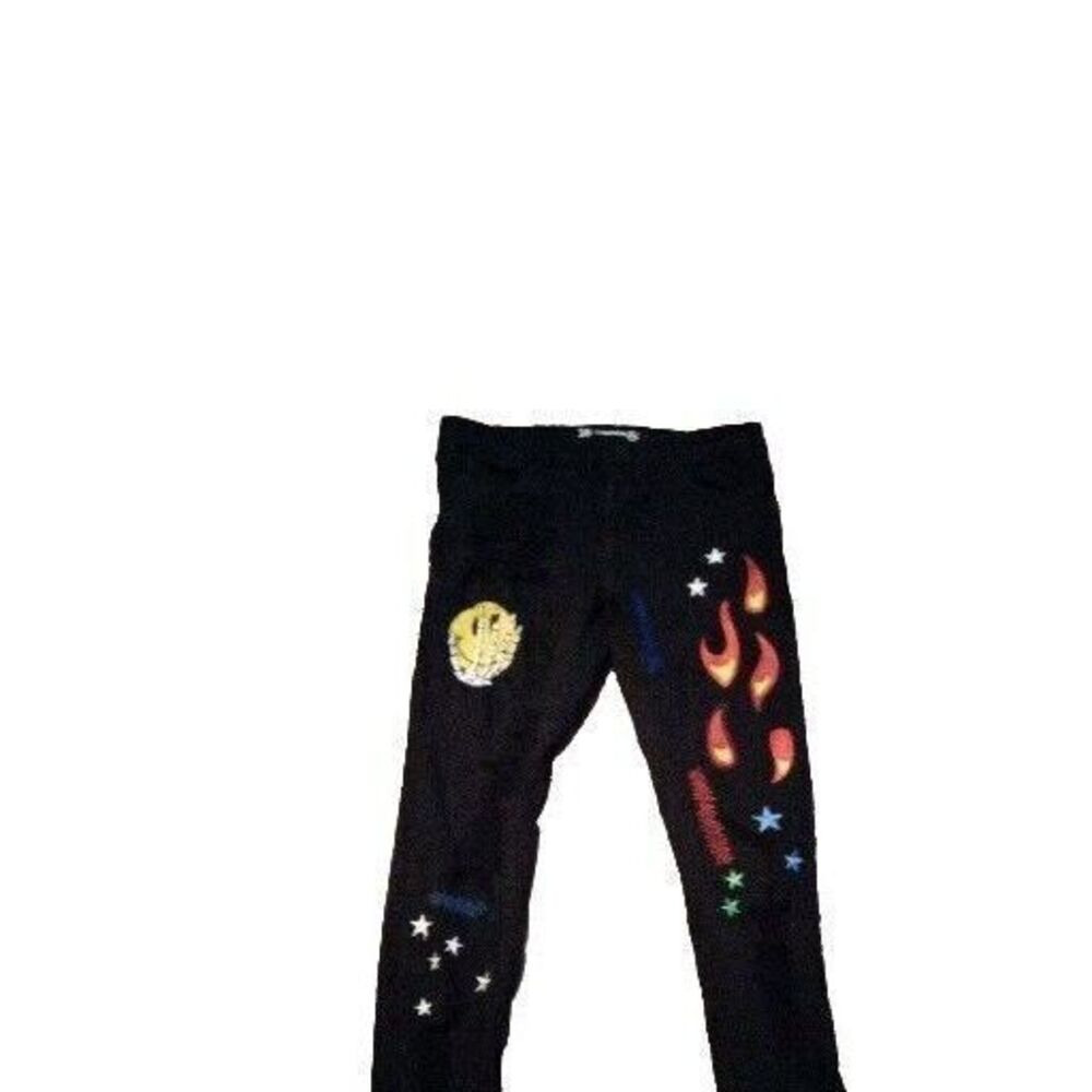 Cynicism Jeans‎ Black Denim Distressed Graphic Print Stars Flames Size 38